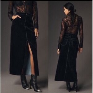 Anthropologie Pilcro Black Velvet Flocked Denim Maxi Skirt High Slit Size 24W